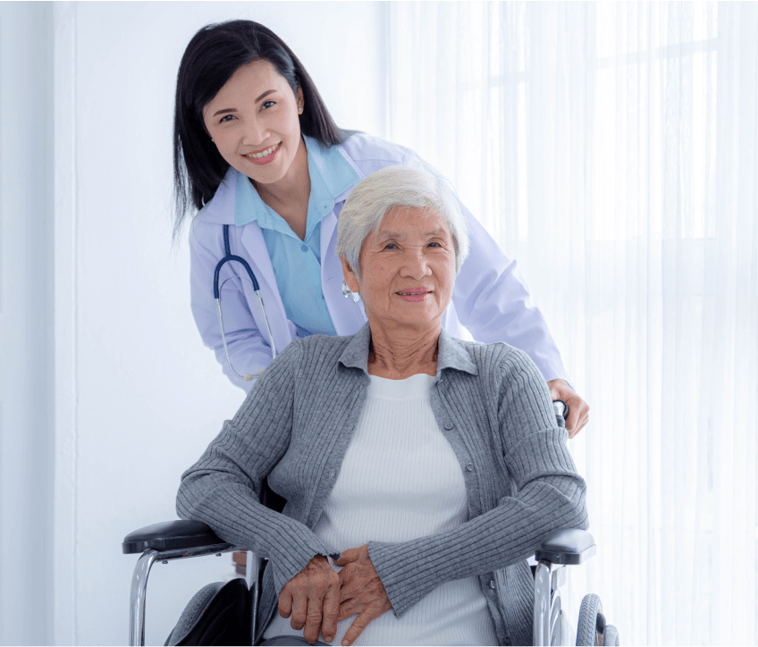 photo happy female doctor elderly patients wheelchair elderly patient care health care medical concept 1 min